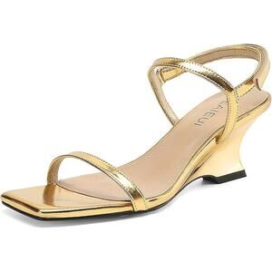 New Teaieui Womens 6.5 Shiny Gold 2.5" Wedge Heel Open Toe Ankle Strap Shoes
